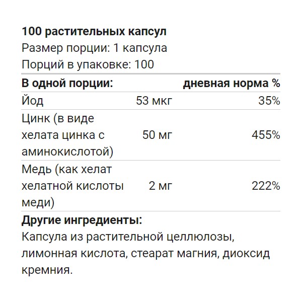Solaray Zinc Copper with Kelp&Pumpkin Seed 100 капс.