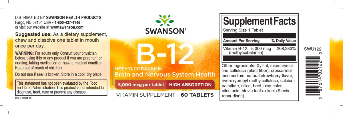 Swanson Vitamin B-12 Methylcobalamin 5000 mcg 60 таблеток